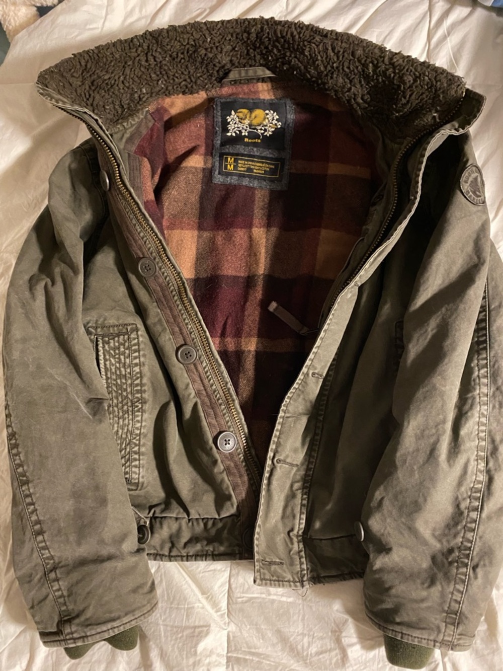 Roots Olive Green Sherpa Collar Field Jacket with Plaid Lining